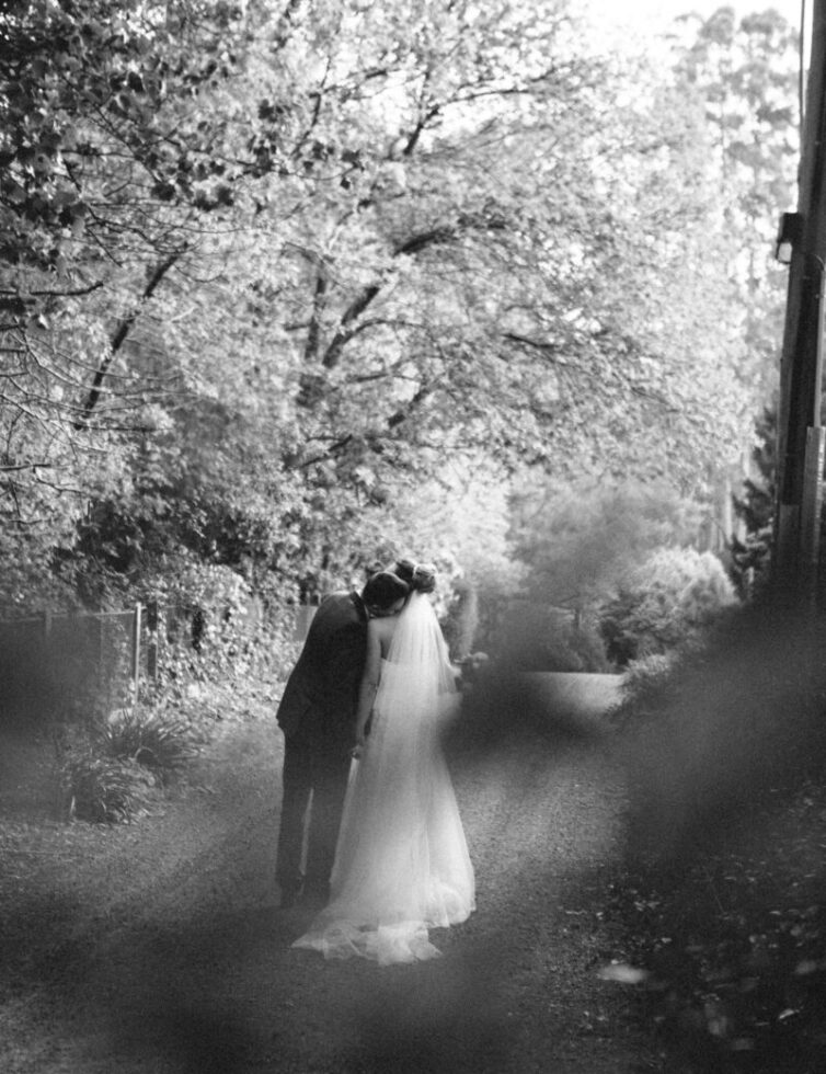 Couple kissing under the trees.